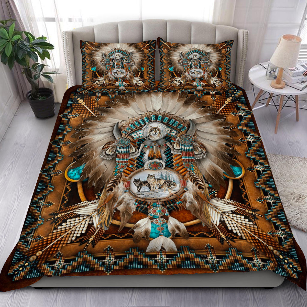 Brown Wolf DreamCatcher Native American Bedding Set