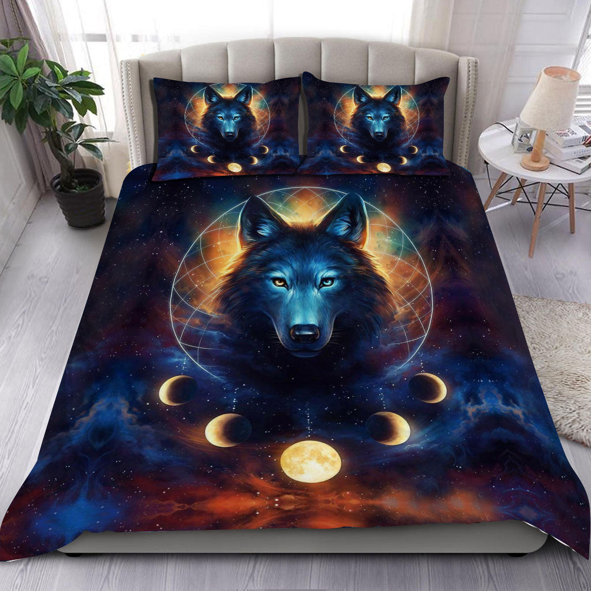 Blue Galaxy Wolf Bedding Set