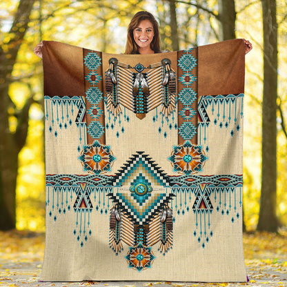 Turiquoise Native Indian Pattern Feather 3D Native Fleece Blanket