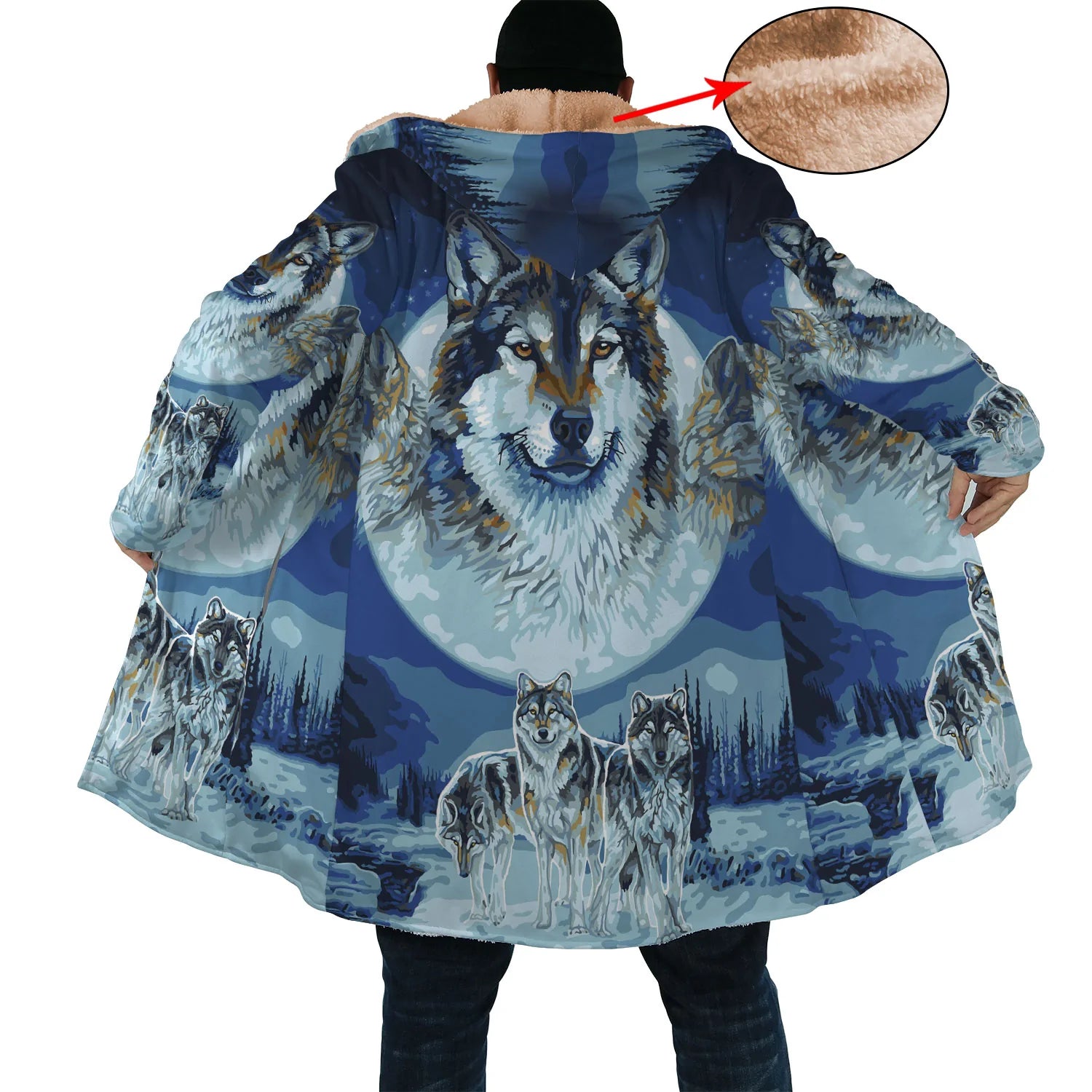 Native American Wolfs Snow Horn Button Long Fleece Windbreaker NBD