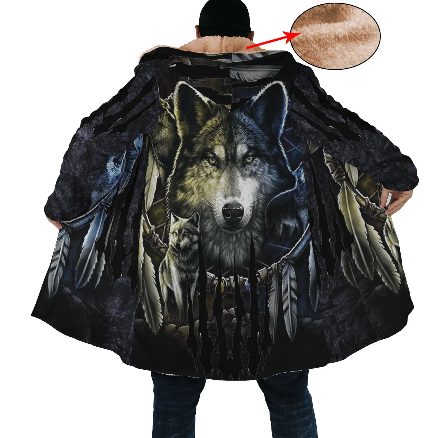 Native American Wolf Spirit Horn Button Long Fleece Windbreaker NBD