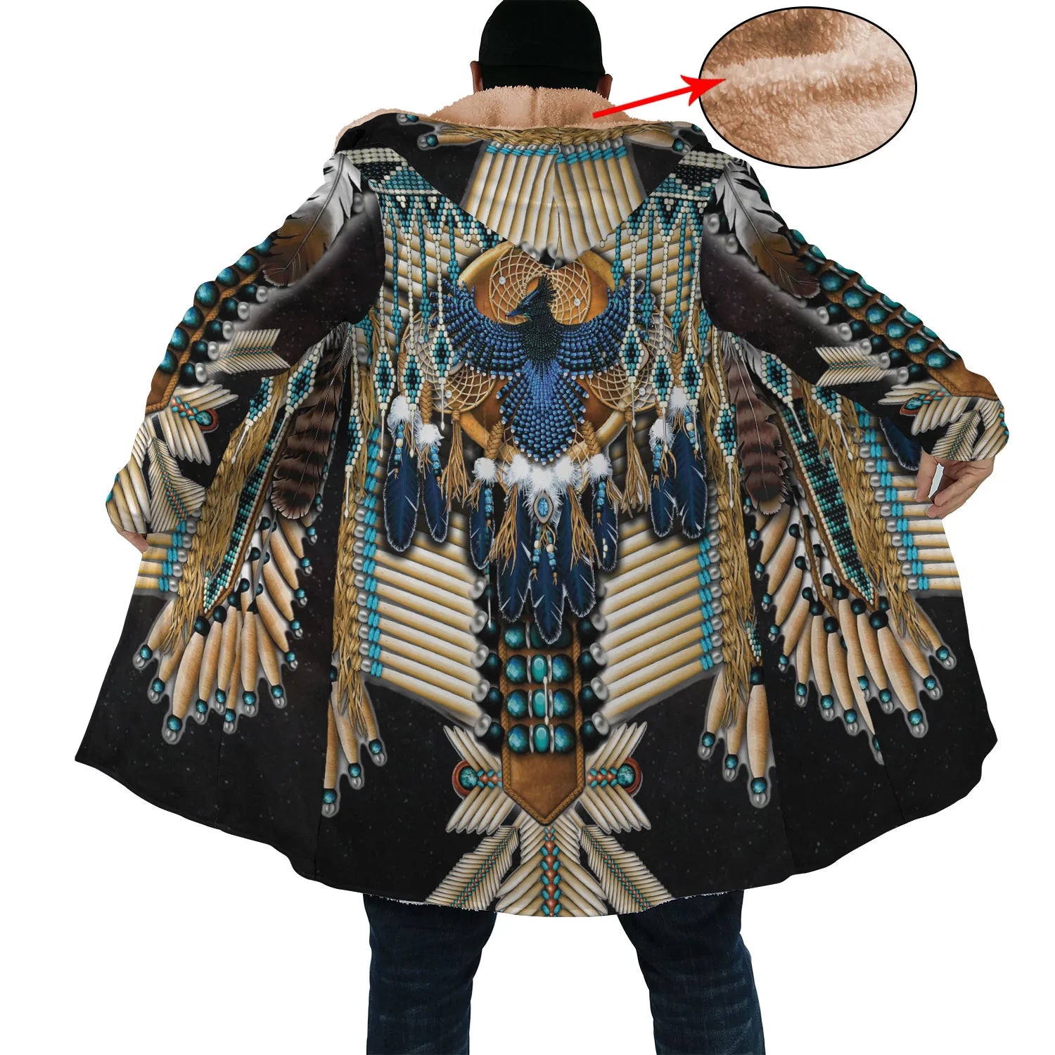 Peacock Pattern Horn Button Long Fleece Windbreaker NBD