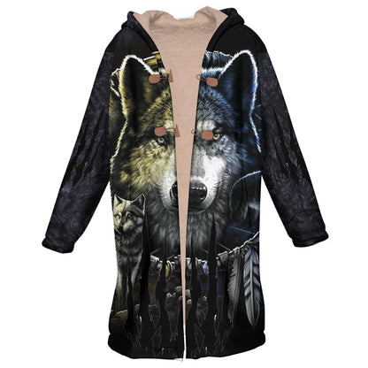 Native American Wolf Spirit Horn Button Long Fleece Windbreaker NBD