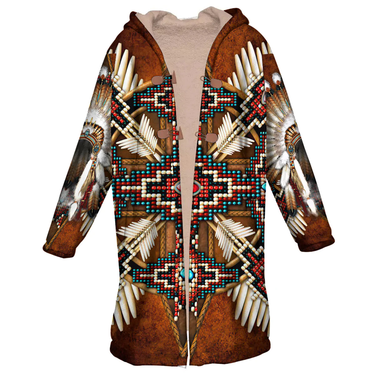 Native American Wolf Dreamcatcher Pattern Horn Button Long Fleece Windbreaker NBD