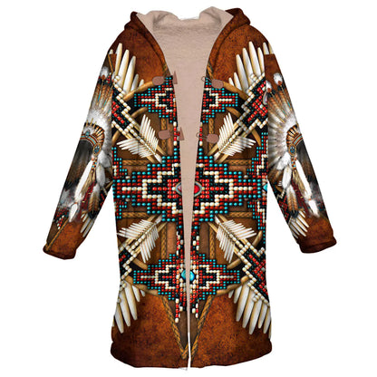 Native American Wolf Dreamcatcher Pattern Horn Button Long Fleece Windbreaker NBD