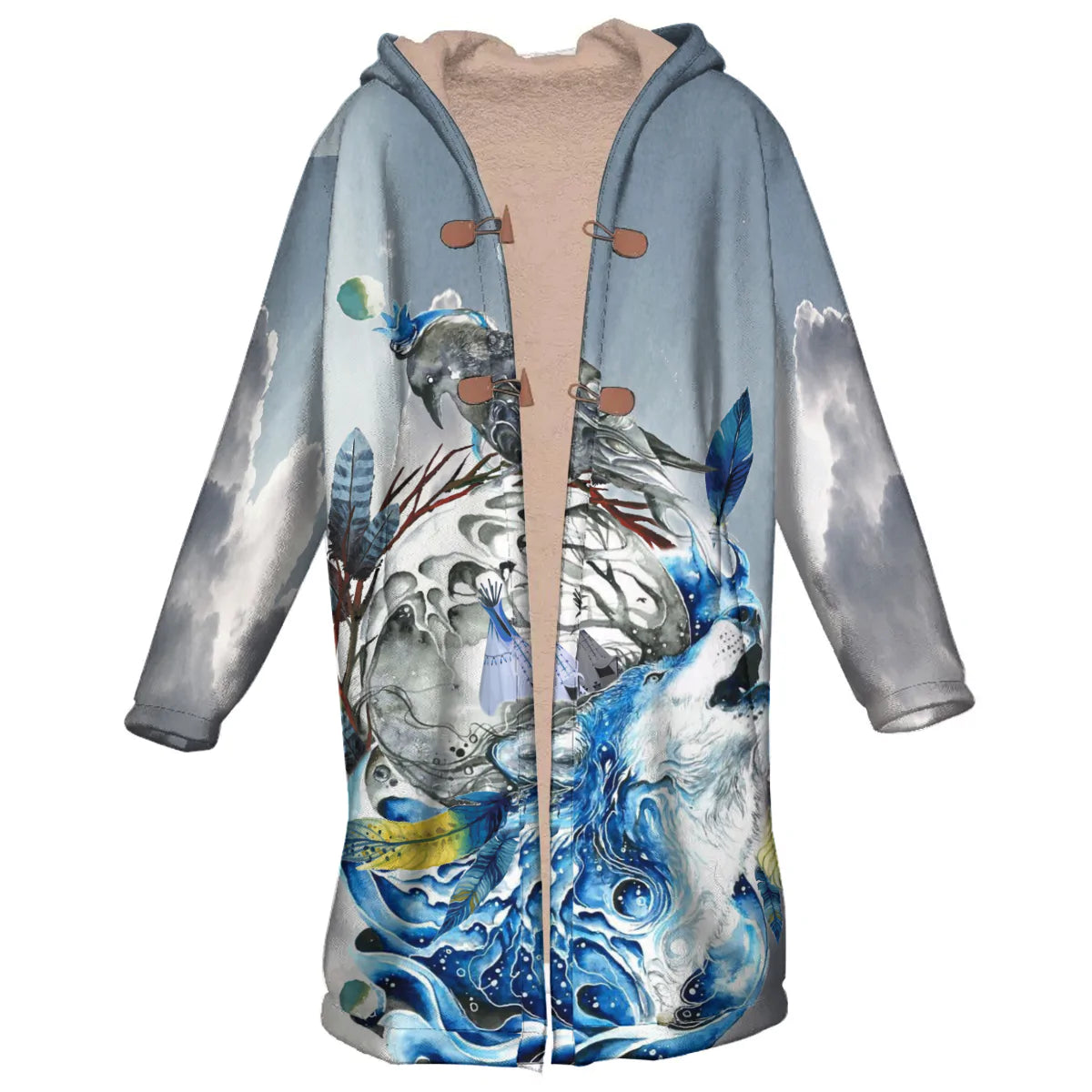 Wolf & Fish Water Art Horn Button Long Fleece Windbreaker NBD