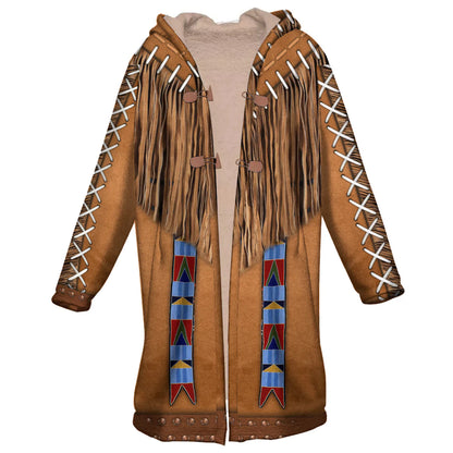 Native American Pattern Horn Button Long Fleece Windbreaker NBD