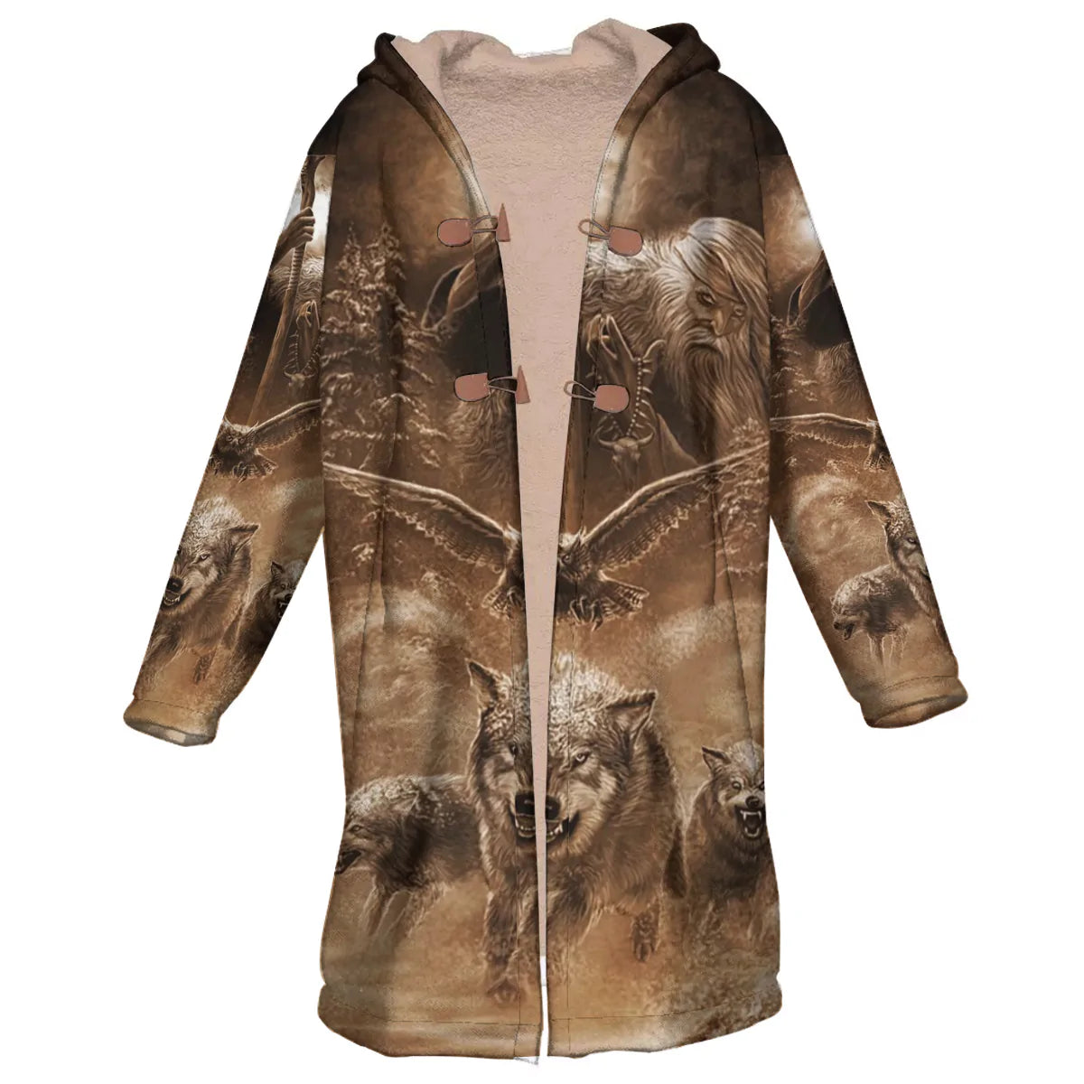 Wild Wolf & Eagle Horn Button Long Fleece Windbreaker NBD