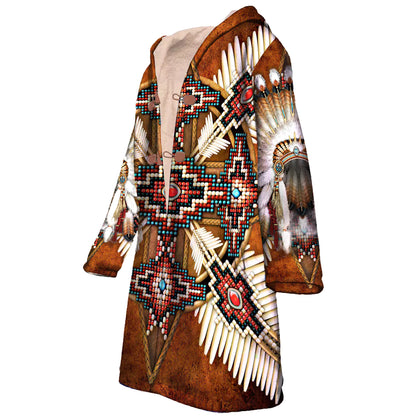 Native American Wolf Dreamcatcher Pattern Horn Button Long Fleece Windbreaker NBD