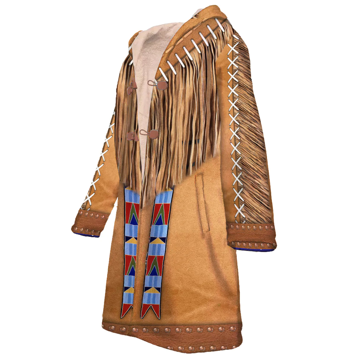 Native American Pattern Horn Button Long Fleece Windbreaker NBD