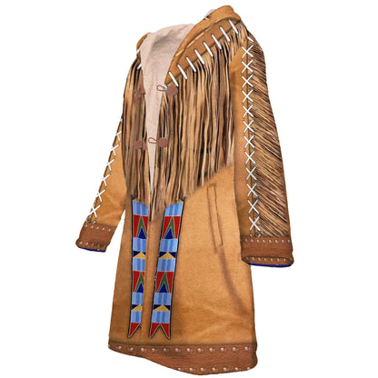 Native American Pattern Horn Button Long Fleece Windbreaker NBD