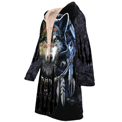 Native American Wolf Spirit Horn Button Long Fleece Windbreaker NBD