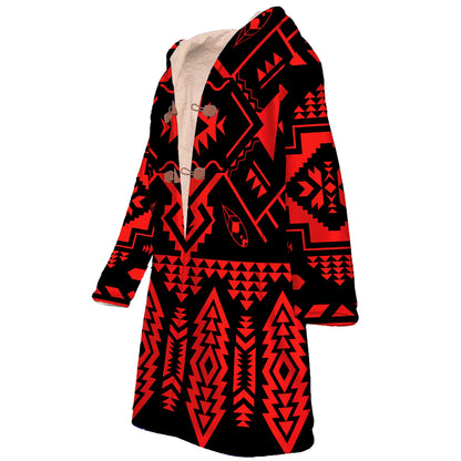 Native American Red Pattern Horn Button Long Fleece Windbreaker NBD