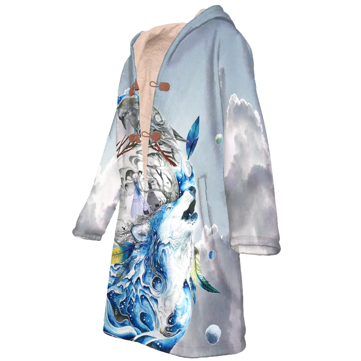 Wolf & Fish Water Art Horn Button Long Fleece Windbreaker NBD