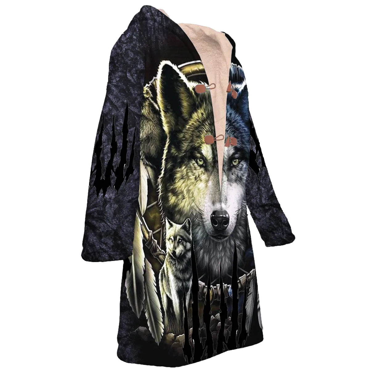 Native American Wolf Spirit Horn Button Long Fleece Windbreaker NBD