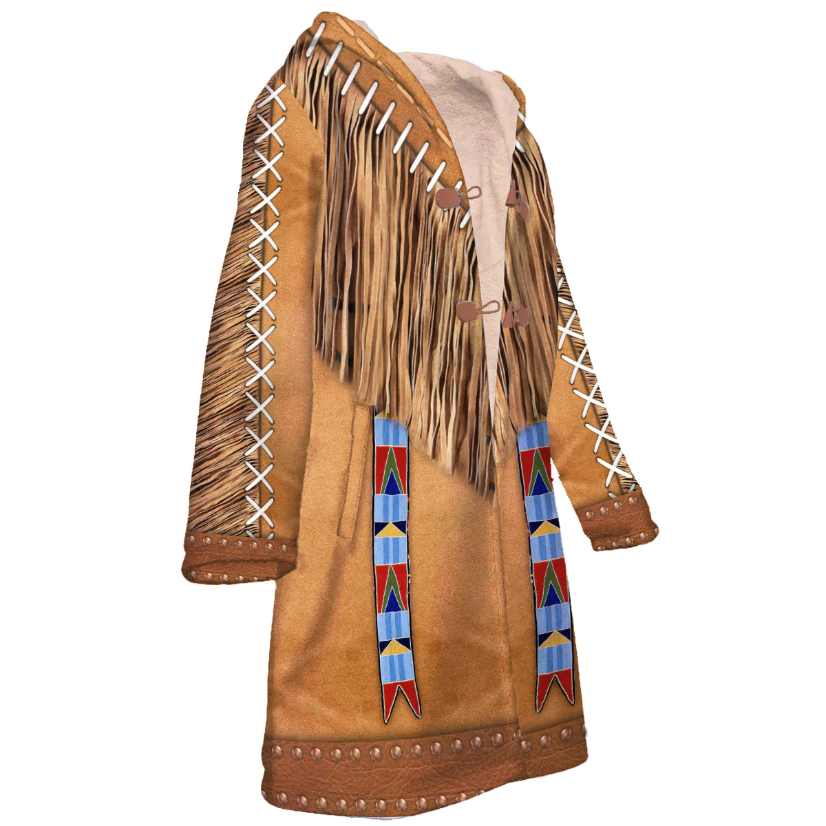 Native American Pattern Horn Button Long Fleece Windbreaker NBD