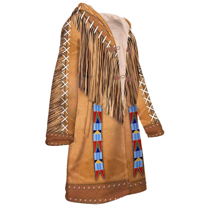 Native American Pattern Horn Button Long Fleece Windbreaker NBD