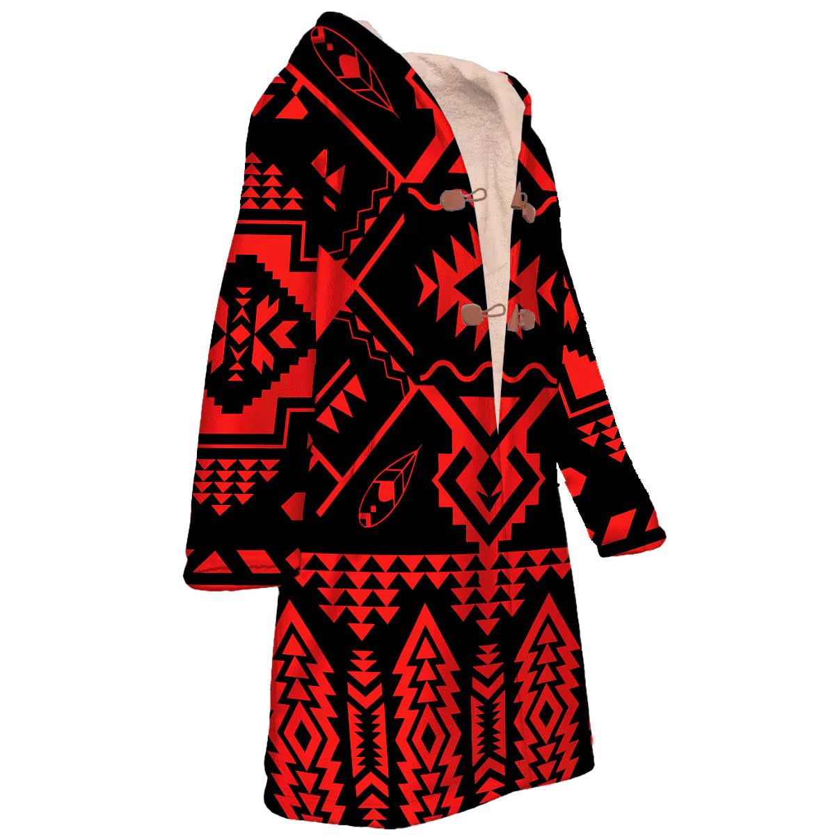 Native American Red Pattern Horn Button Long Fleece Windbreaker NBD