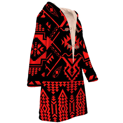 Native American Red Pattern Horn Button Long Fleece Windbreaker NBD