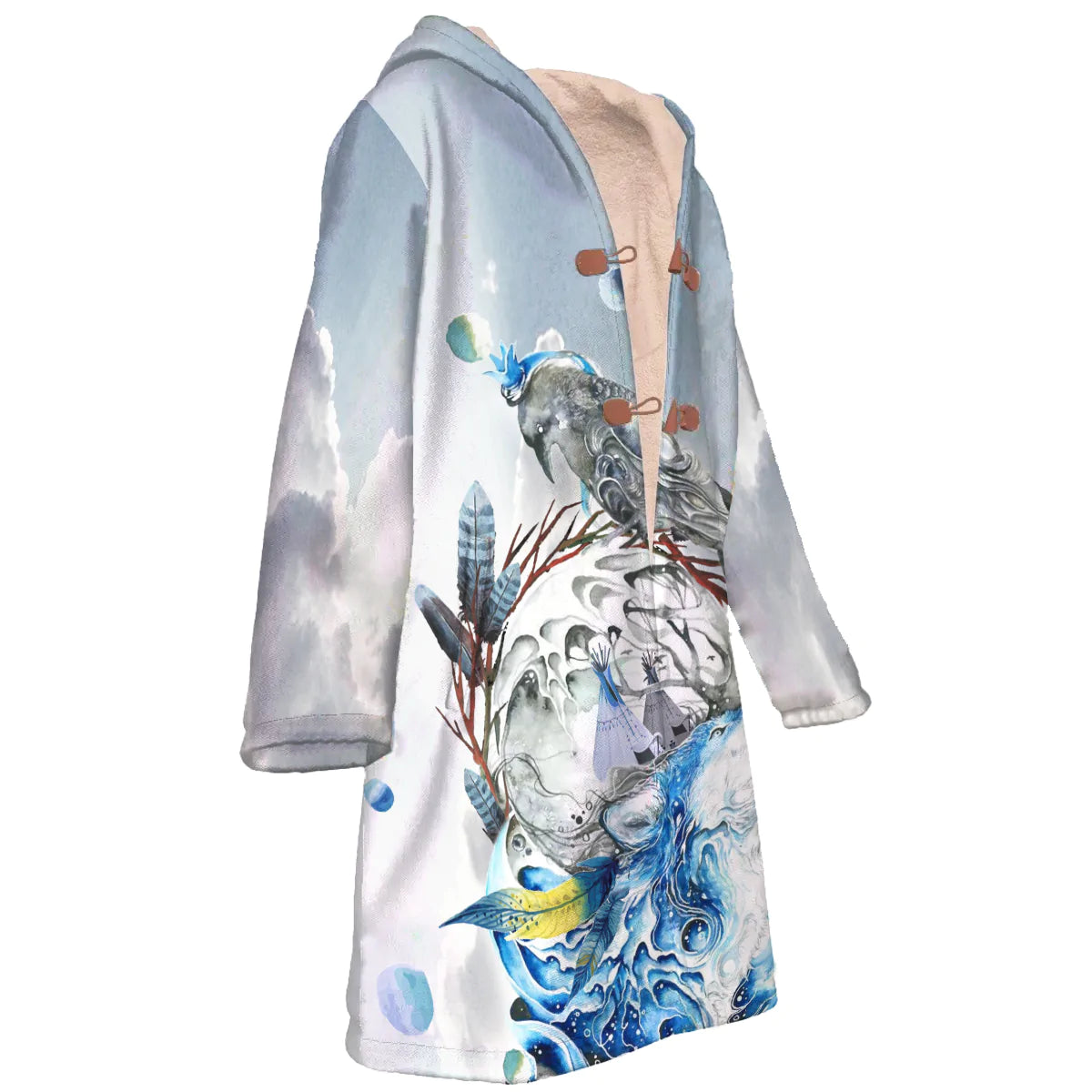 Wolf & Fish Water Art Horn Button Long Fleece Windbreaker NBD