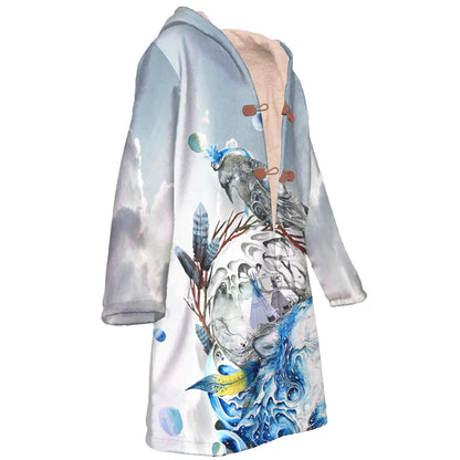 Wolf & Fish Water Art Horn Button Long Fleece Windbreaker NBD