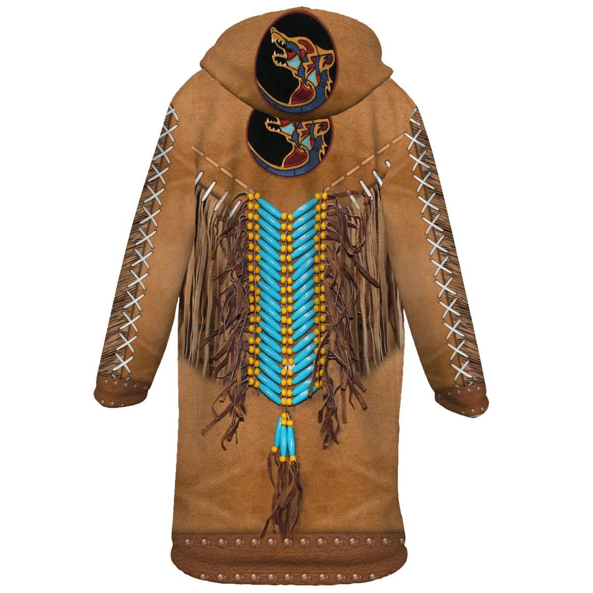 Native American Pattern Horn Button Long Fleece Windbreaker NBD