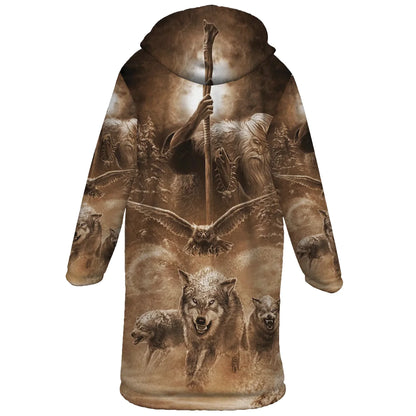 Wild Wolf & Eagle Horn Button Long Fleece Windbreaker NBD