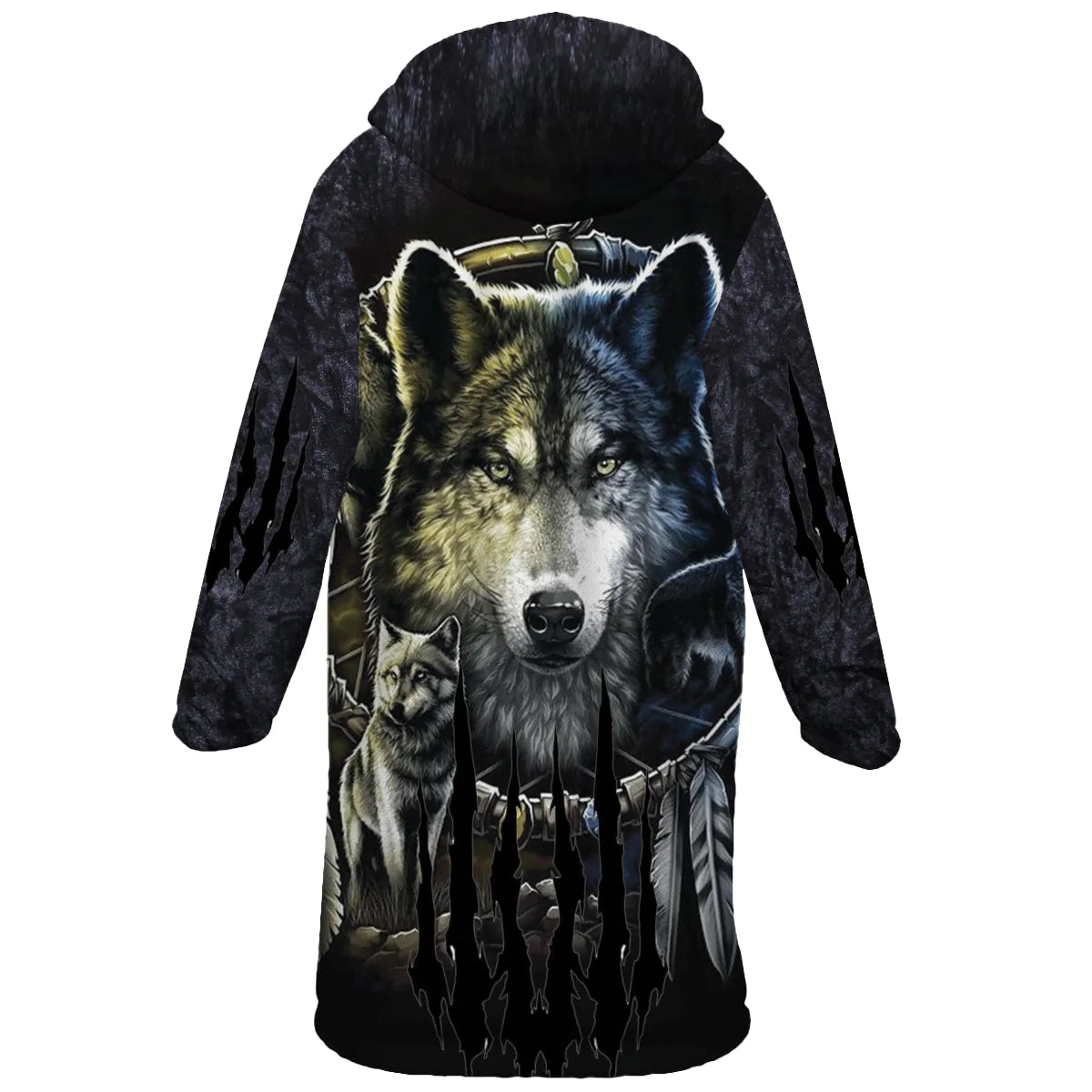 Native American Wolf Spirit Horn Button Long Fleece Windbreaker NBD
