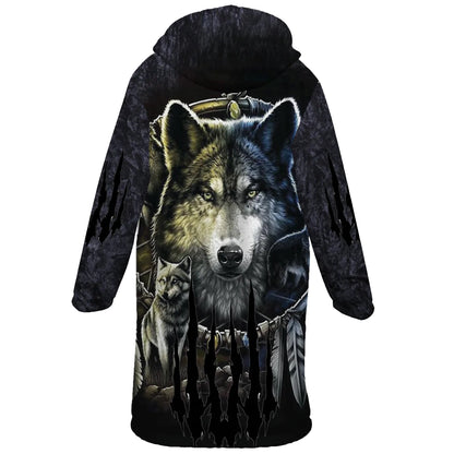 Native American Wolf Spirit Horn Button Long Fleece Windbreaker NBD