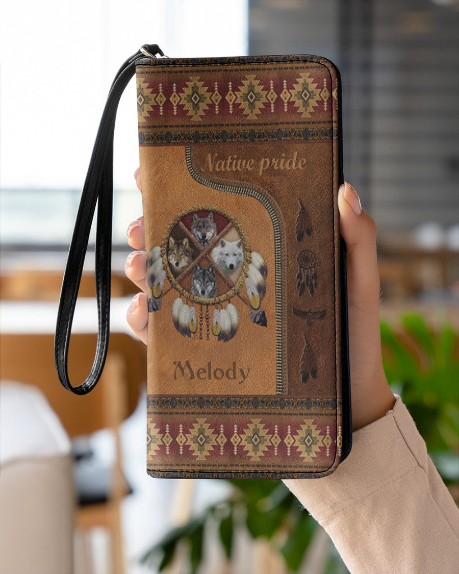 CUSTOM NAME HERE - CustNative American Wolves Womens Clutch Purse NBD