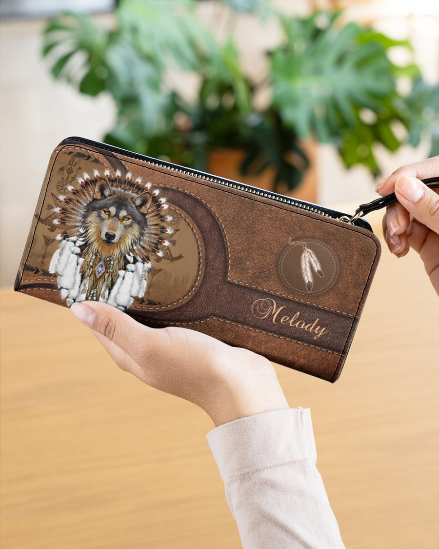 CUSTOM NAME HERE - Native American Wolf Womens Clutch Purse NBD